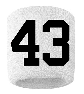 Number 43 Custom White w/ Black #'s Sweatband Wristband Embroidered Stitched