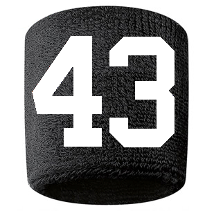 Number 43 Custom Black w/ White #'s Sweatband Wristband Embroidered Stitched