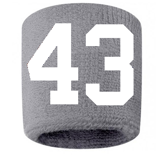 Number 43 Custom Gray w/ White #'s Sweatband Wristband Embroidered Stitched