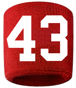 Number 43 Custom Red w/ White #'s Sweatband Wristband Embroidered Stitched