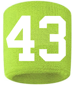 Number 43 Custom Volt Neon Lime Green w/ White #'s Sweatband Wristband Embroidered Stitched