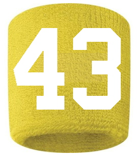 Number 43 Custom Yellow w/ White #'s Sweatband Wristband Embroidered Stitched