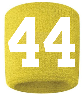 Number 44 Custom Yellow w/ White #'s Sweatband Wristband Embroidered Stitched