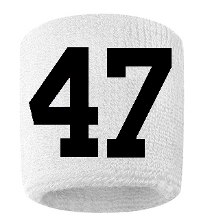 Number 47 Custom White w/ Black #'s Sweatband Wristband Embroidered Stitched