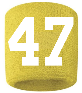 Number 47 Custom Yellow w/ White #'s Sweatband Wristband Embroidered Stitched