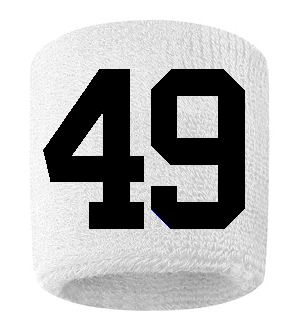 Number 49 Custom White w/ Black #'s Sweatband Wristband Embroidered Stitched
