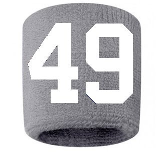 Number 49 Custom Gray w/ White #'s Sweatband Wristband Embroidered Stitched