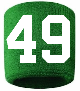 Number 49 Custom Green w/ White #'s Sweatband Wristband Embroidered Stitched