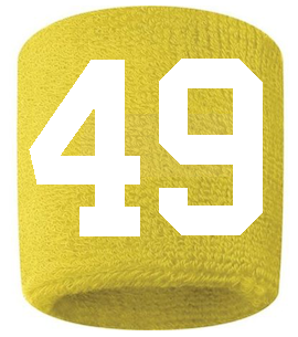 Number 49 Custom Yellow w/ White #'s Sweatband Wristband Embroidered Stitched