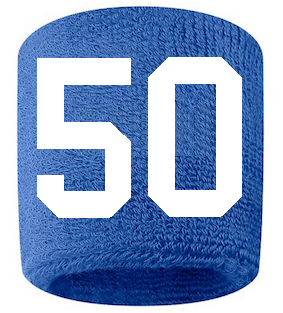 Number 50 Custom Royal Blue w/ White #'s Sweatband Wristband Embroidered Stitched