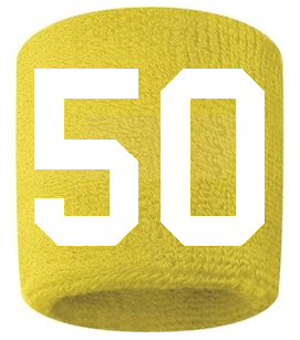 Number 50 Custom Yellow w/ White #'s Sweatband Wristband Embroidered Stitched