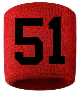 Number 51 Custom Red w/ Black #'s Sweatband Wristband Embroidered Stitched