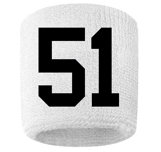 Number 51 Custom White w/ Black #'s Sweatband Wristband Embroidered Stitched