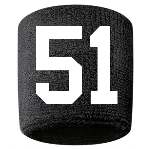 Number 51 Custom Black w/ White #'s Sweatband Wristband Embroidered Stitched