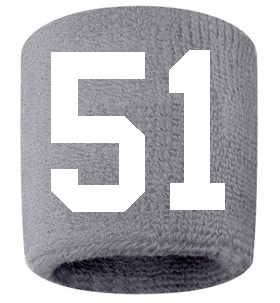 Number 51 Custom Gray w/ White #'s Sweatband Wristband Embroidered Stitched