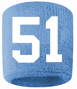 Number 51 Custom Light Blue w/ White #'s Sweatband Wristband Embroidered Stitched