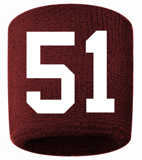 Number 51 Custom Maroon w/ White #'s Sweatband Wristband Embroidered Stitched