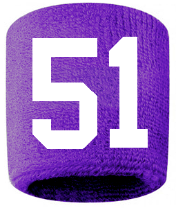 Number 51 Custom Purple w/ White #'s Sweatband Wristband Embroidered Stitched