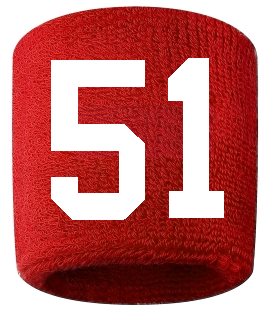 Number 51 Custom Red w/ White #'s Sweatband Wristband Embroidered Stitched