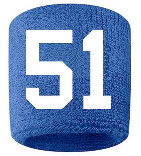 Number 51 Custom Royal Blue w/ White #'s Sweatband Wristband Embroidered Stitched