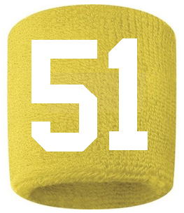 Number 51 Custom Yellow w/ White #'s Sweatband Wristband Embroidered Stitched