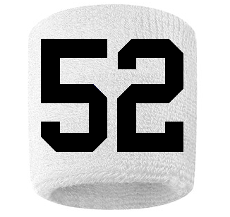 Number 52 Custom White w/ Black #'s Sweatband Wristband Embroidered Stitched
