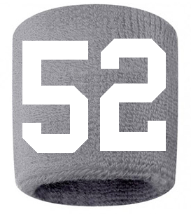 Number 52 Custom Gray w/ White #'s Sweatband Wristband Embroidered Stitched