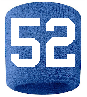 Number 52 Custom Royal Blue w/ White #'s Sweatband Wristband Embroidered Stitched