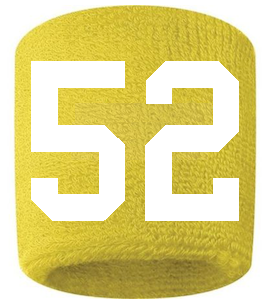 Number 52 Custom Yellow w/ White #'s Sweatband Wristband Embroidered Stitched