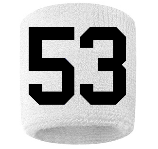 Number 53 Custom White w/ Black #'s Sweatband Wristband Embroidered Stitched