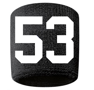 Number 53 Custom Black w/ White #'s Sweatband Wristband Embroidered Stitched