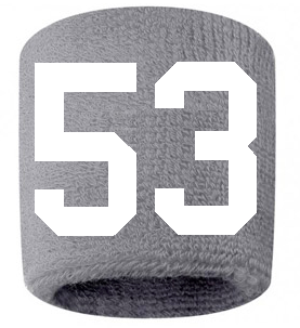 Number 53 Custom Gray w/ White #'s Sweatband Wristband Embroidered Stitched