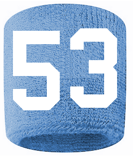 Number 53 Custom Light Blue w/ White #'s Sweatband Wristband Embroidered Stitched