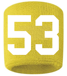 Number 53 Custom Yellow w/ White #'s Sweatband Wristband Embroidered Stitched