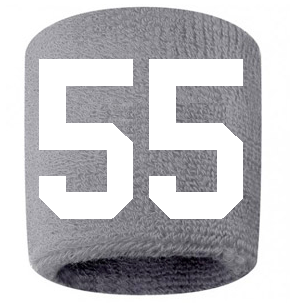 Number 55 Custom Gray w/ White #'s Sweatband Wristband Embroidered Stitched