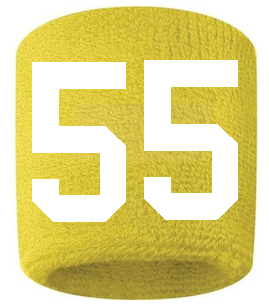 Number 55 Custom Yellow w/ White #'s Sweatband Wristband Embroidered Stitched