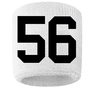 Number 56 Custom White w/ Black #'s Sweatband Wristband Embroidered Stitched
