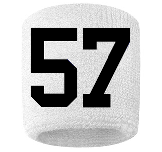 Number 57 Custom White w/ Black #'s Sweatband Wristband Embroidered Stitched