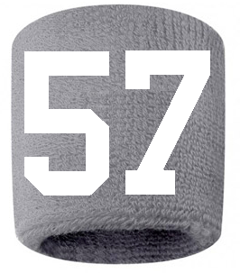 Number 57 Custom Gray w/ White #'s Sweatband Wristband Embroidered Stitched