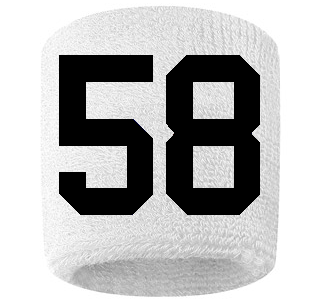 Number 58 Custom White w/ Black #'s Sweatband Wristband Embroidered Stitched