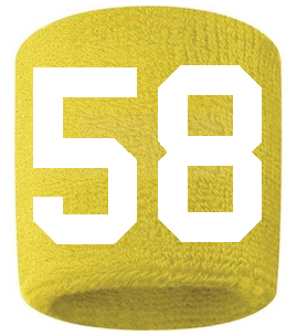Number 58 Custom Yellow w/ White #'s Sweatband Wristband Embroidered Stitched
