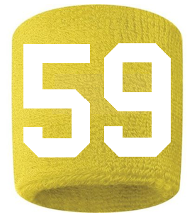 Number 59 Custom Yellow w/ White #'s Sweatband Wristband Embroidered Stitched