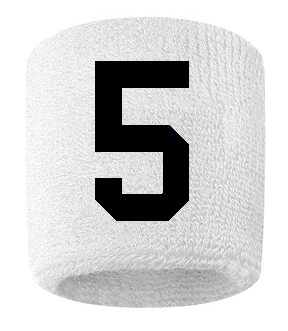 Number 5 Custom White w/ Black #'s Sweatband Wristband Embroidered Stitched