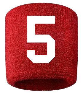 Number 5 Custom Red w/ White #'s Sweatband Wristband Embroidered Stitched