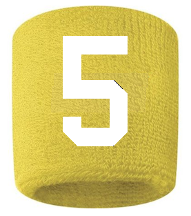 Number 5 Custom Yellow w/ White #'s Sweatband Wristband Embroidered Stitched