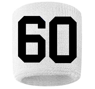 Number 60 Custom White w/ Black #'s Sweatband Wristband Embroidered Stitched