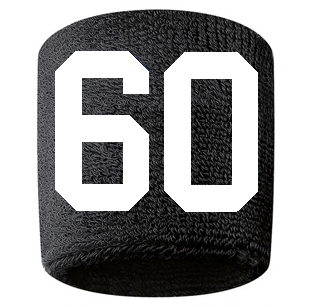 Number 60 Custom Black w/ White #'s Sweatband Wristband Embroidered Stitched