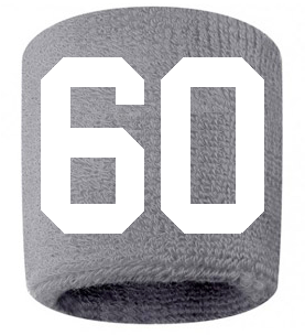 Number 60 Custom Gray w/ White #'s Sweatband Wristband Embroidered Stitched