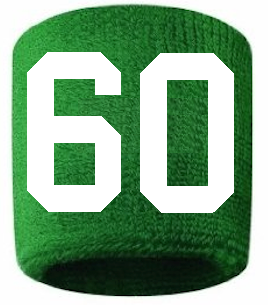 Number 60 Custom Green w/ White #'s Sweatband Wristband Embroidered Stitched