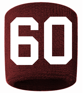 Number 60 Custom Maroon w/ White #'s Sweatband Wristband Embroidered Stitched